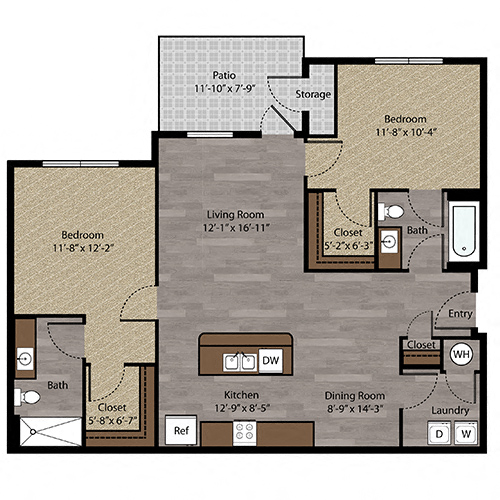 Floor plan for 2 beds, 2 baths, 1027 sqft